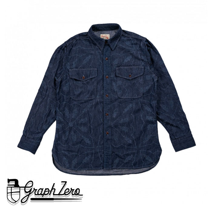 graphzero Officer Shirt Long Sleeve 8oz Denim Wall Cut Embroidery Fireworks Pattern Indigo One Wash [GZ-OFSL-HN] Okayama Kurashiki Kojima Jeans Denim Brand