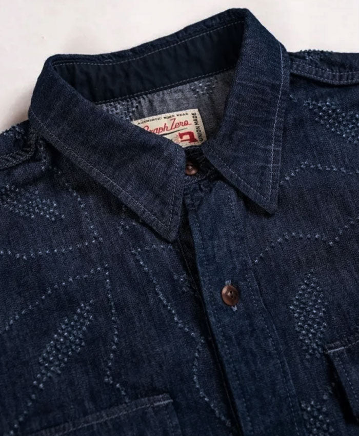 graphzero Officer Shirt Long Sleeve 8oz Denim Wall Cut Embroidery Fireworks Pattern Indigo One Wash [GZ-OFSL-HN] Okayama Kurashiki Kojima Jeans Denim Brand