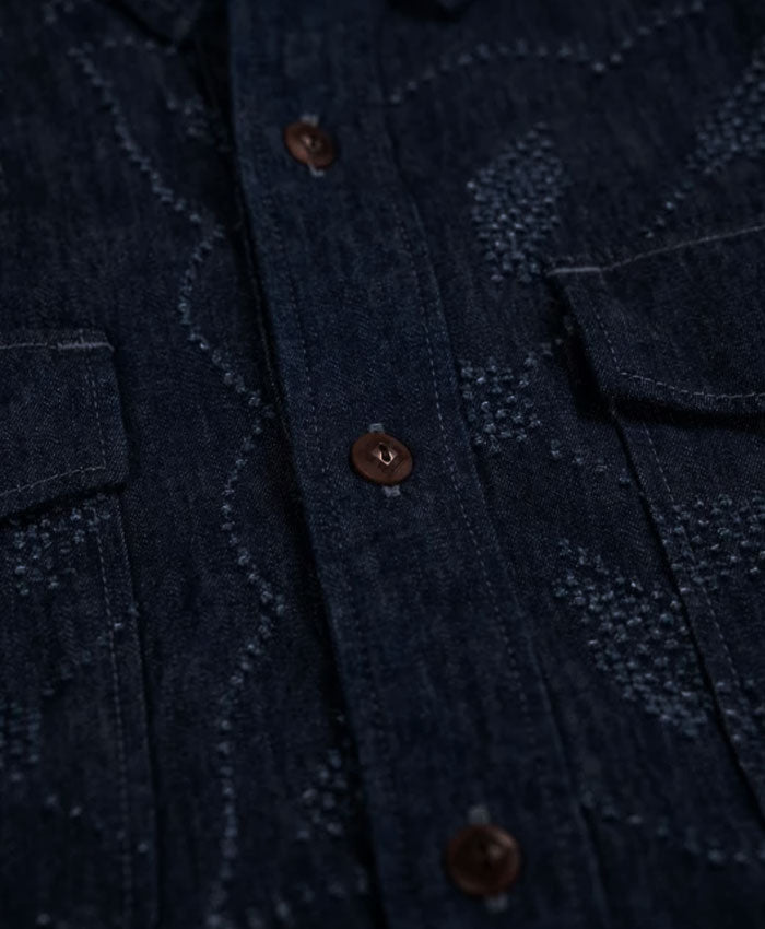 graphzero Officer Shirt Long Sleeve 8oz Denim Wall Cut Embroidery Fireworks Pattern Indigo One Wash [GZ-OFSL-HN] Okayama Kurashiki Kojima Jeans Denim Brand