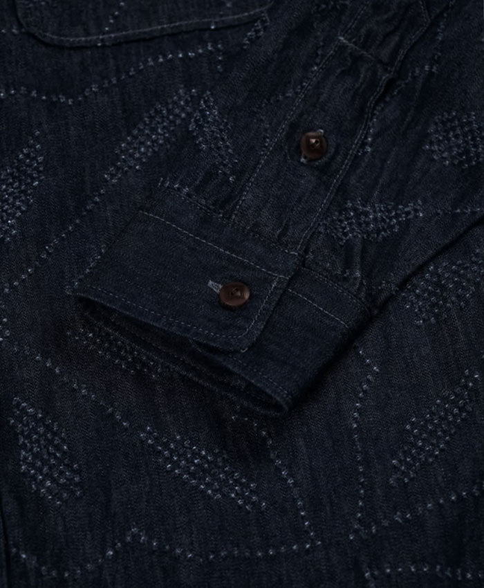 graphzero Officer Shirt Long Sleeve 8oz Denim Wall Cut Embroidery Fireworks Pattern Indigo One Wash [GZ-OFSL-HN] Okayama Kurashiki Kojima Jeans Denim Brand