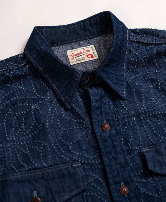 graphzero(グラフゼロ) オフィサーシャツ 長袖 8ozデニム ワラカット刺繍 草花柄 インディゴ ワンウォッシュ [GZ-OFSL-LF] 岡山 倉敷 児島 ジーンズ デニム ブランド