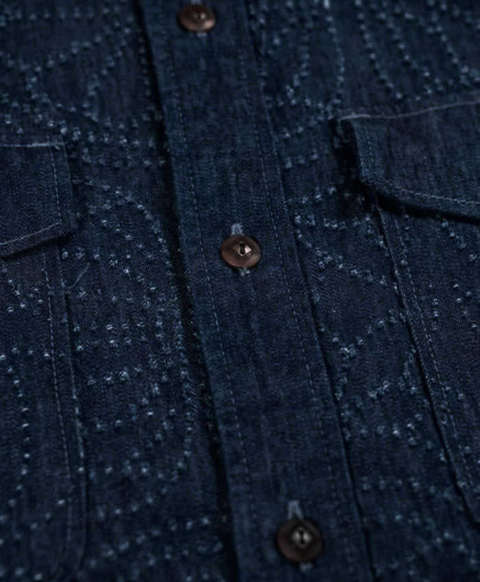 graphzero(グラフゼロ) オフィサーシャツ 長袖 8ozデニム ワラカット刺繍 草花柄 インディゴ ワンウォッシュ [GZ-OFSL-LF] 岡山 倉敷 児島 ジーンズ デニム ブランド