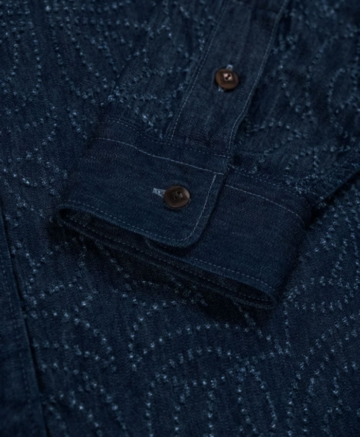 graphzero(グラフゼロ) オフィサーシャツ 長袖 8ozデニム ワラカット刺繍 草花柄 インディゴ ワンウォッシュ [GZ-OFSL-LF] 岡山 倉敷 児島 ジーンズ デニム ブランド