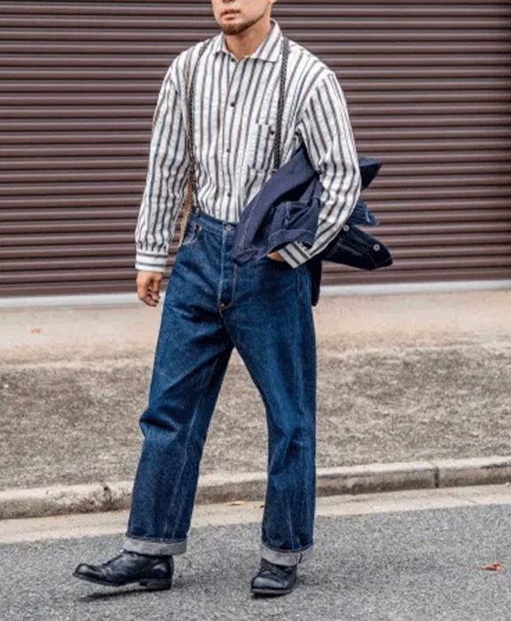 graphzero Pleated Long Sleeve Shirt White x Blue Stripe Men's Women's Unisex [GZ-PLSHL-0609-BLU] Okayama Kurashiki Kojima Jeans Denim Brand