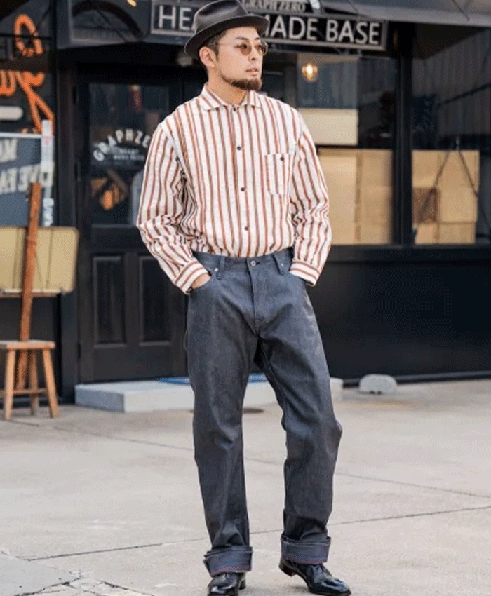 graphzero (グラフゼロ)  プリーツ 長袖シャツ ホワイト×オレンジストライプ メンズ レディース 男女兼用 [GZ-PLSHL-0609-ORG] 岡山 倉敷 児島 ジーンズ デニム ブランド