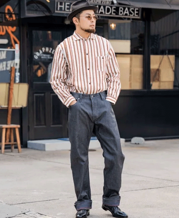 graphzero Pleated Long Sleeve Shirt White x Orange Stripe Men's Women's Unisex [GZ-PLSHL-0609-ORG] Okayama Kurashiki Kojima Jeans Denim Brand