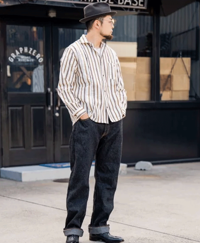 graphzero (グラフゼロ) プリーツ 長袖シャツ ホワイト×イエローストライプ メンズ レディース 男女兼用 [GZ-PLSHL-0609-YEL] 岡山 倉敷 児島 ジーンズ デニム ブランド