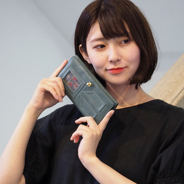 glart Stained Glass Antique Door Long Wallet, Navy, Women's [H0202-NV], Real Glass, Genuine Leather Wallet, Leather Accessories, Brand Name Long Wallet, Leather, Cowhide Leather, Cover, Made in Japan 