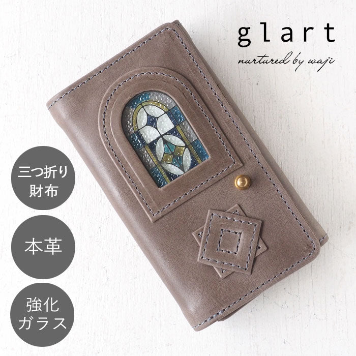 glart Stained Glass Antique Door Trifold Wallet, Light Gray, Women's [H0212-LGY], Real Glass, Genuine Leather, Leather Wallet, Leather Accessories, Brand Name Trifold Wallet, Compact Mini Wallet, Leather 
