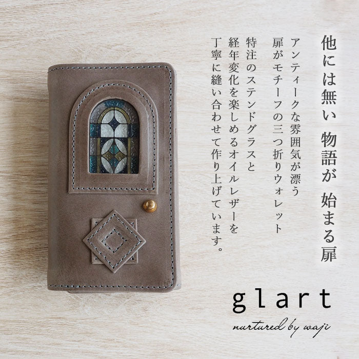 glart Stained Glass Antique Door Trifold Wallet, Light Gray, Women's [H0212-LGY], Real Glass, Genuine Leather, Leather Wallet, Leather Accessories, Brand Name Trifold Wallet, Compact Mini Wallet, Leather 