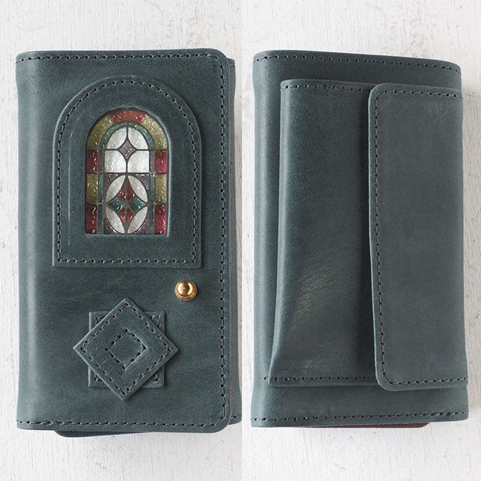 glart Stained Glass Antique Door Trifold Wallet, Navy, Women's [H0212-NV]. Real Glass, Genuine Leather Wallet, Leather Accessories, Brand Name Trifold Wallet, Compact Mini Purse, Leather 