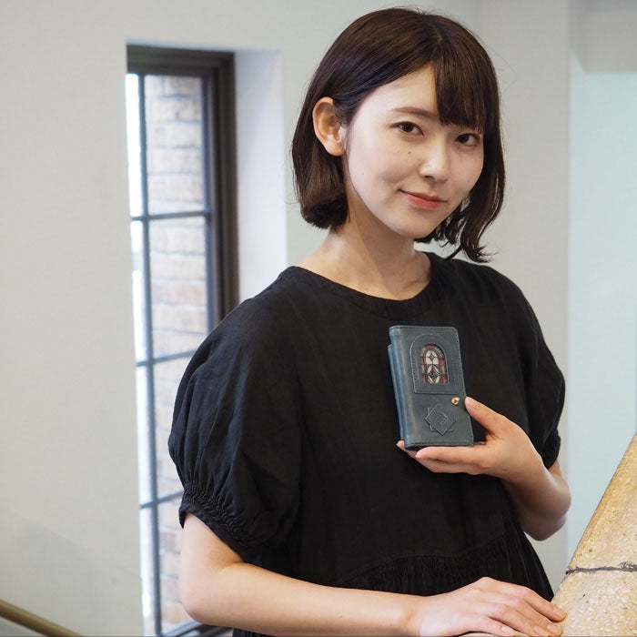 glart Stained Glass Antique Door Trifold Wallet, Navy, Women's [H0212-NV]. Real Glass, Genuine Leather Wallet, Leather Accessories, Brand Name Trifold Wallet, Compact Mini Purse, Leather 