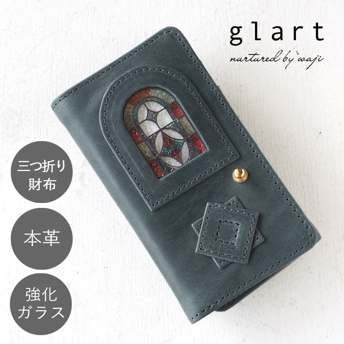 glart Stained Glass Antique Door Trifold Wallet, Navy, Women's [H0212-NV]. Real Glass, Genuine Leather Wallet, Leather Accessories, Brand Name Trifold Wallet, Compact Mini Purse, Leather 