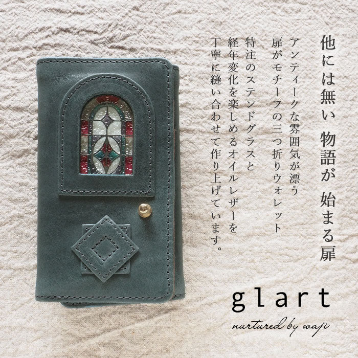 glart Stained Glass Antique Door Trifold Wallet, Navy, Women's [H0212-NV]. Real Glass, Genuine Leather Wallet, Leather Accessories, Brand Name Trifold Wallet, Compact Mini Purse, Leather 