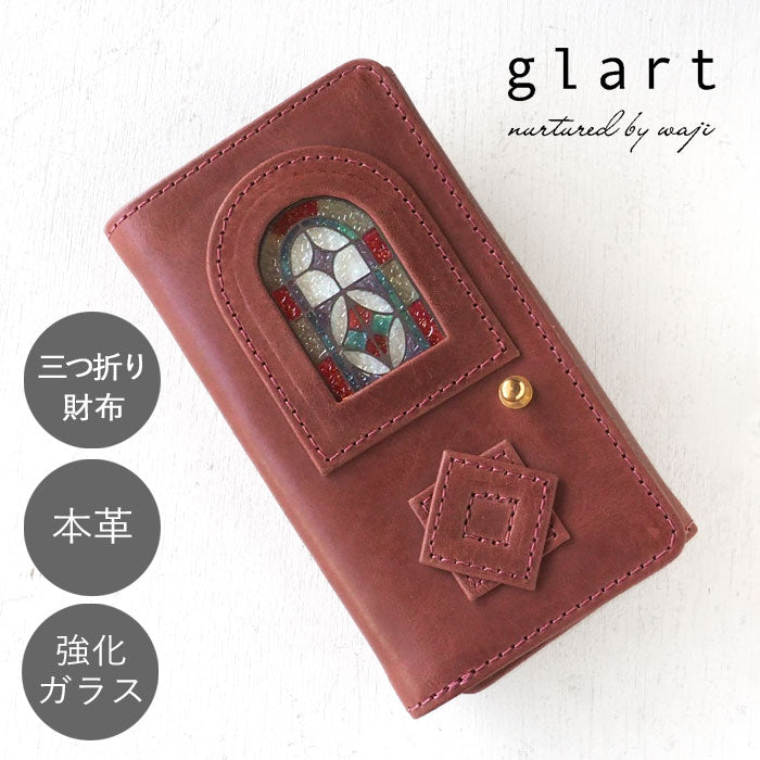 glart Stained Glass Antique Door Trifold Wallet, Red, Women's [H0212-RE], Real Glass, Genuine Leather, Leather Wallet, Leather Accessories, Brand Name Trifold Wallet, Compact Mini Wallet, Leather