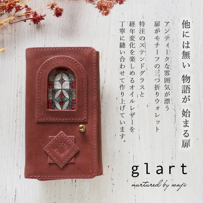 glart Stained Glass Antique Door Trifold Wallet, Red, Women's [H0212-RE], Real Glass, Genuine Leather, Leather Wallet, Leather Accessories, Brand Name Trifold Wallet, Compact Mini Wallet, Leather