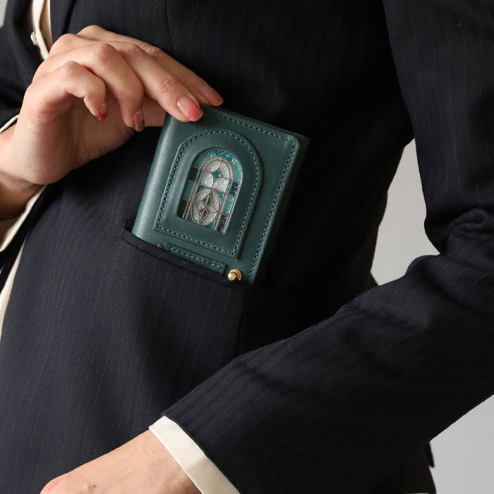 glart Stained Glass Antique Door Business Card Holder, Navy Green Women's [H0218-NVGRN] Real Glass Genuine Leather Leather Accessories Brand: waji