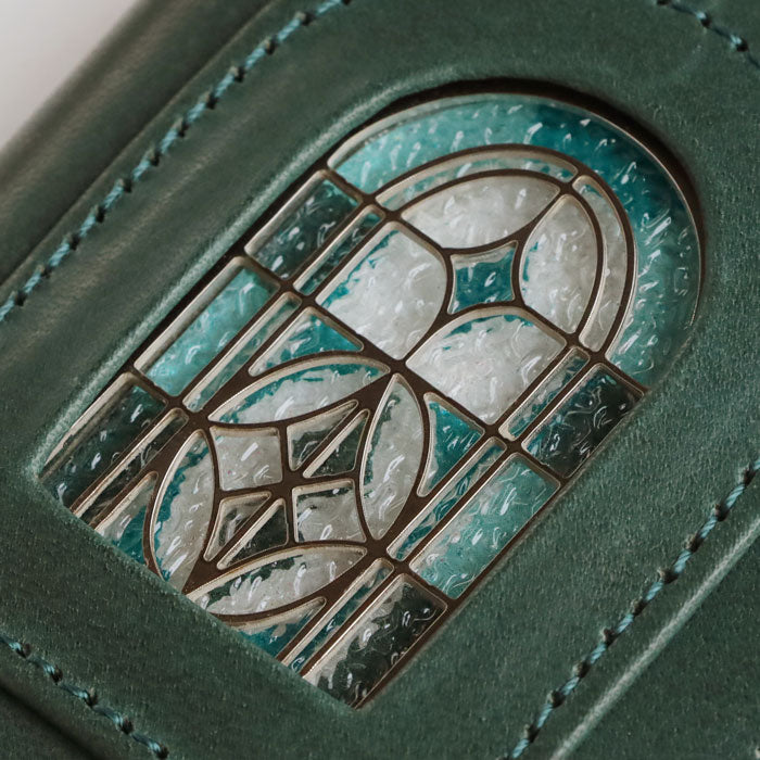 glart Stained Glass Antique Door Business Card Holder, Navy Green Women's [H0218-NVGRN] Real Glass Genuine Leather Leather Accessories Brand: waji
