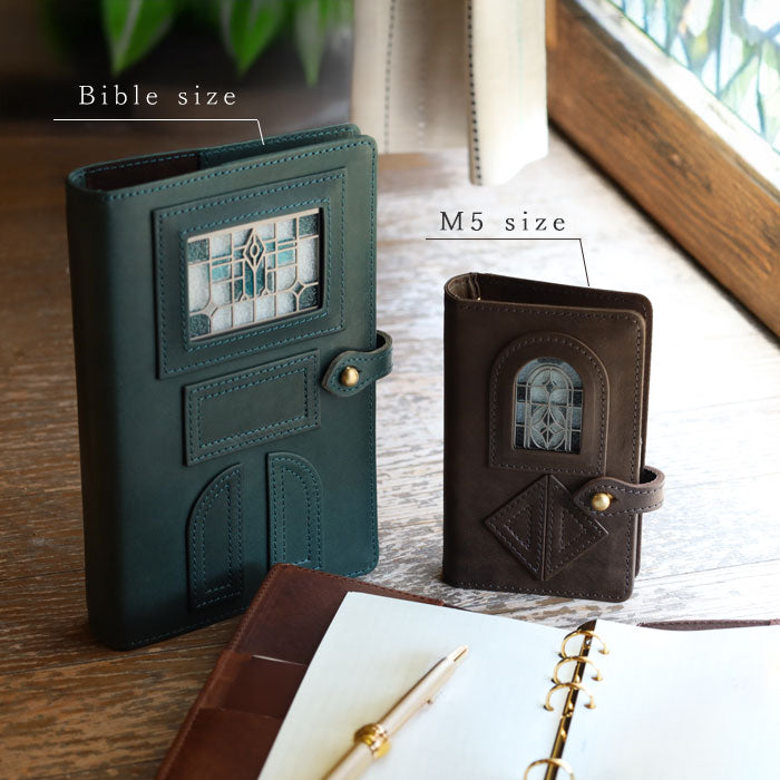 glart M5 size System Notebook Cover Stained Glass Antique Door Monochrome [H0220-MONO] Real Glass Genuine Leather Leather Goods Brand