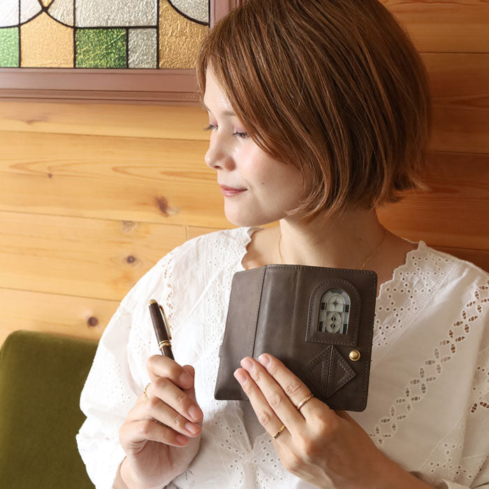 glart M5 size System Notebook Cover Stained Glass Antique Door Monochrome [H0220-MONO] Real Glass Genuine Leather Leather Goods Brand