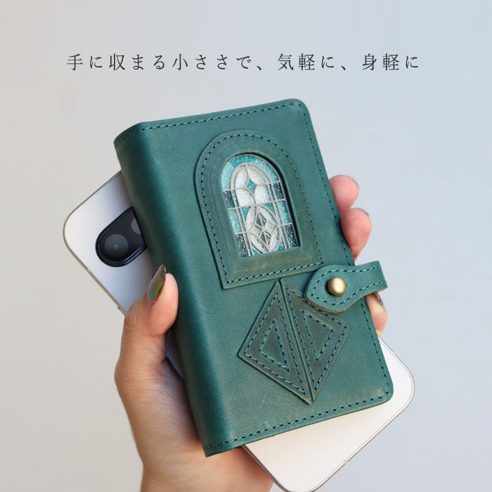 glart (グラート) M5 システム手帳カバー ステンドグラス アンティークドア ネイビーグリーン [H0220-NVGRN]リアルガラス 本革 革財布 革小物 ブランド a6 5穴