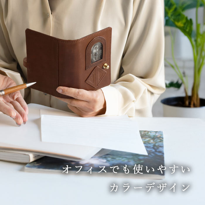 glart (グラート) M5 システム手帳カバー ステンドグラス アンティークドア ネイビーグリーン [H0220-NVGRN]リアルガラス 本革 革財布 革小物 ブランド a6 5穴