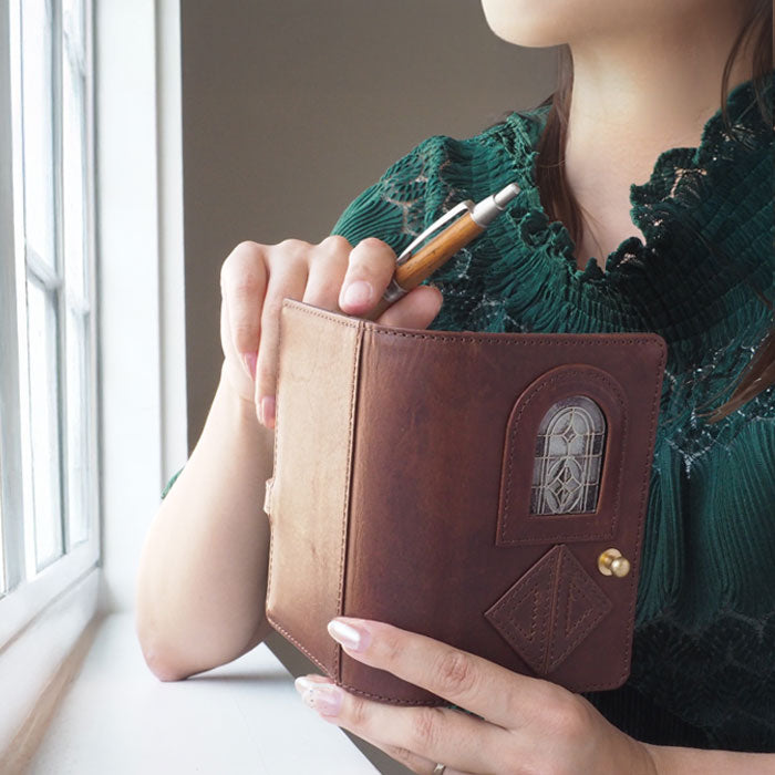 glart M5 System Notebook Cover Stained Glass Antique Door Sepia [H0220-SEPIA] Real Glass Genuine Leather Leather Wallet Leather Goods Brand A6 5 Holes