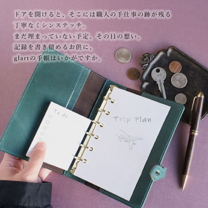 glart M6 Stained Glass Antique Door System Planner Cover, Navy Green [H0221-NVGRN] Real Glass, Genuine Leather, Leather Wallet, Leather Accessories, Brand Name, Mini 6-Hole 