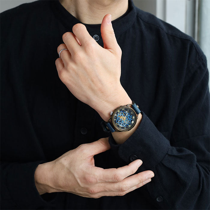 KINO(キノ) 手作り 腕時計 自動巻き 裏スケルトン メカニックブルー 真鍮ケース [K-15-MBL-BR]