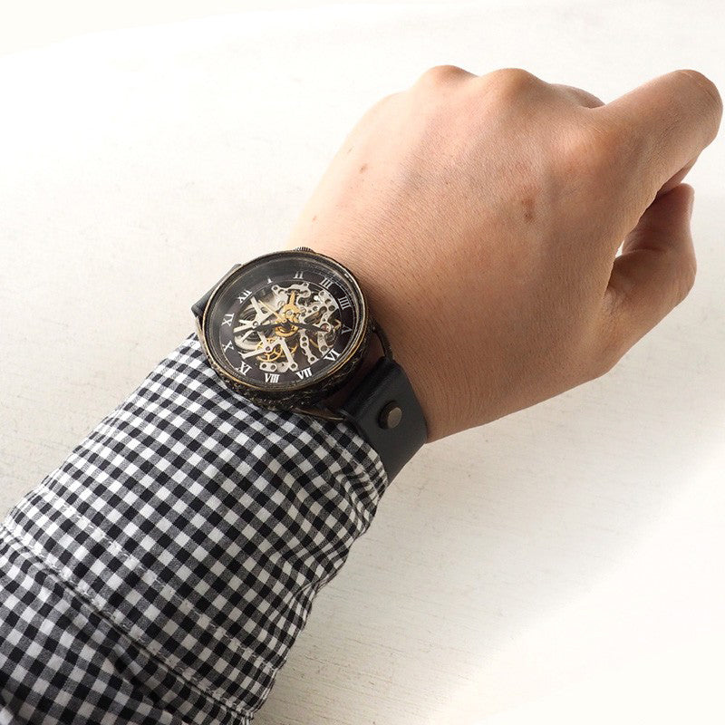 KINO(キノ) 手作り腕時計 自動巻き 裏スケルトン メカニックシルバー ブラック [K-15-MSV-BK]