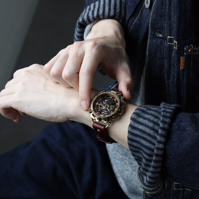 KINO（キノ） 手作り腕時計 自動巻き 裏スケルトン キノパンクブラック 真鍮 ワインブラウン [K-18-BR-WI]