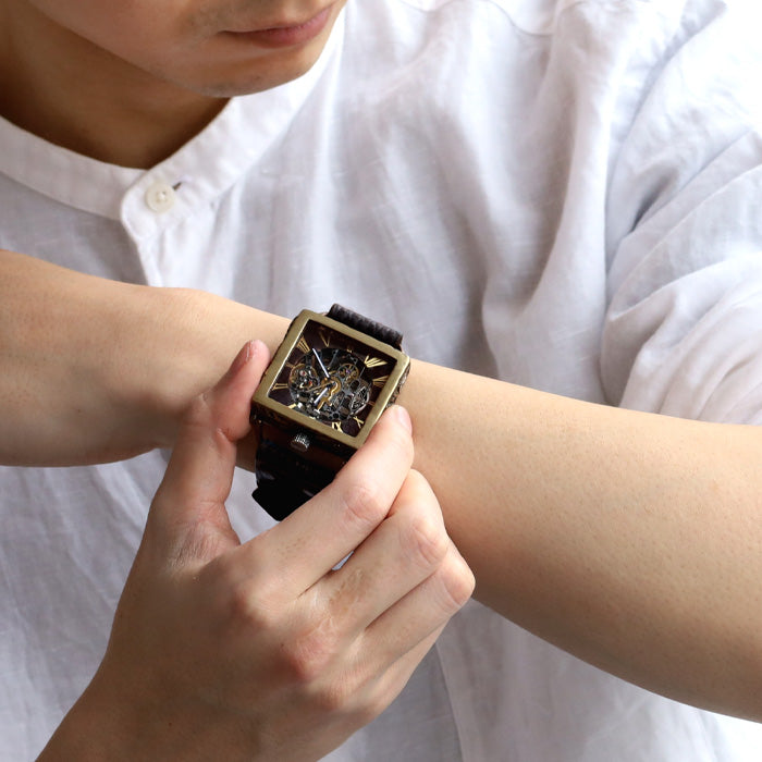 KINO(キノ) 手作り腕時計 自動巻き 裏スケルトン メカニックブラックスクエア ブラック [K-19-MBK-BK]