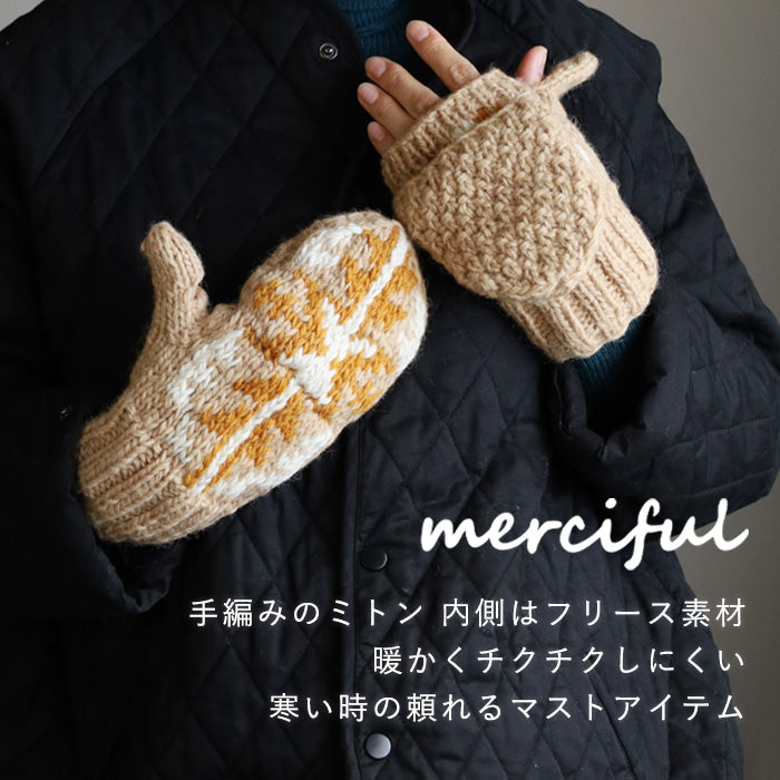 [3 colors] merciful mittens, jacquard wool fleece, 2-way, for women [MF4403] 