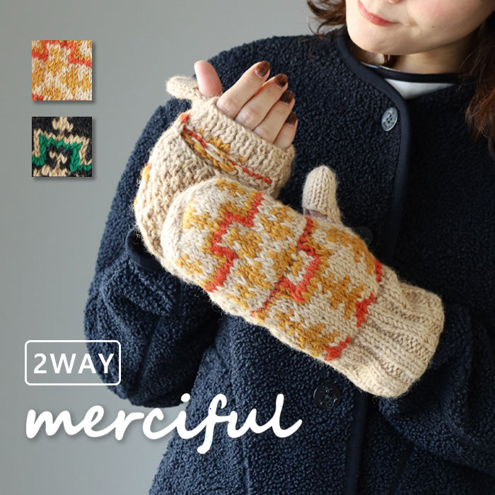 [Choose from 2 colors] merciful Mittens Gloves Jacquard Wool Fleece 2WAY Women's [MF3403]