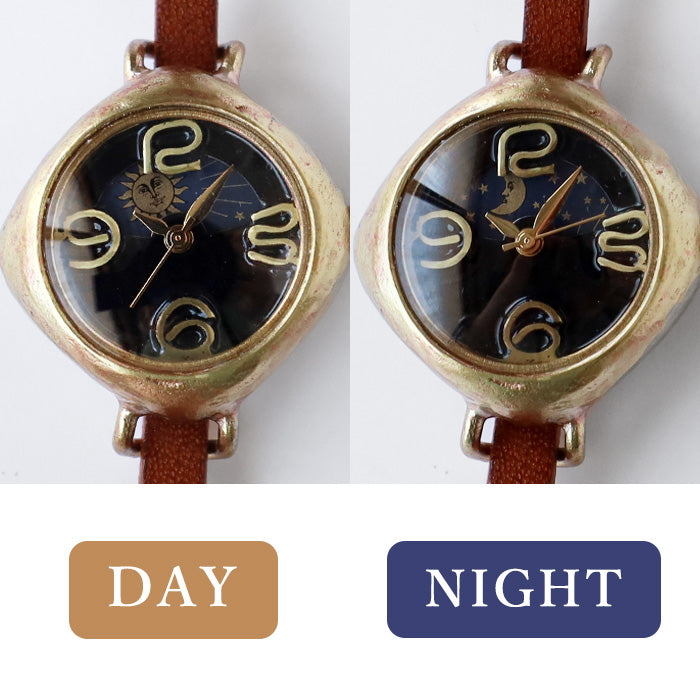 渡辺工房 手作り腕時計“PRIMA-S＆M” 黒文字盤 レディースブラス SUN＆MOON ひし形ケース [NW-415-SM]  渡辺正明 時計作家 ハンドメイド ウォッチ ブランド