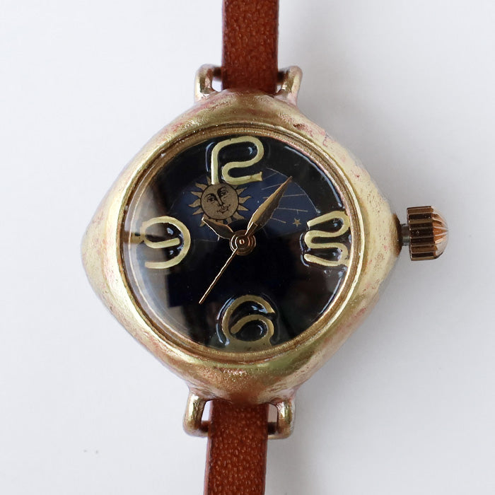 渡辺工房 手作り腕時計“PRIMA-S＆M” 黒文字盤 レディースブラス SUN＆MOON ひし形ケース [NW-415-SM]  渡辺正明 時計作家 ハンドメイド ウォッチ ブランド