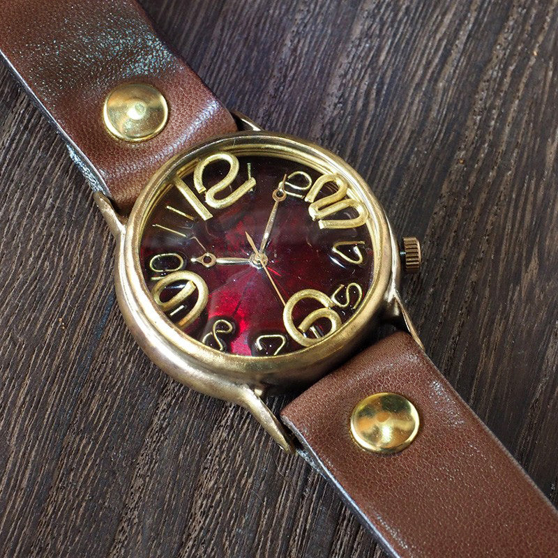 Watanabe Kobo Handmade Watch Jumbo Brass "JSB2" Clear Red Dial [NW-JUM38B-RD] Handmade Watch Brand Leather Strap 