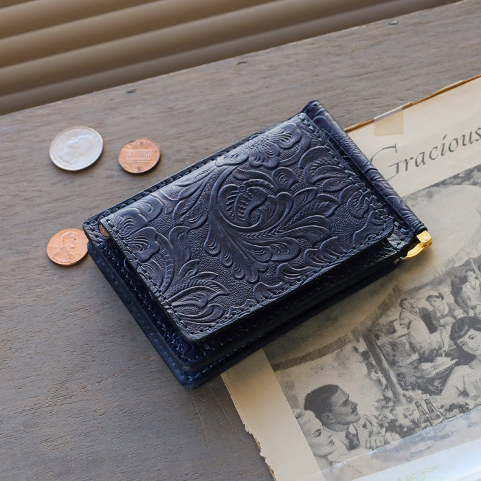 RE.ACT Yamato Aizome Money Clip Bifold Wallet (With Coin Purse) Floral Pattern Flower Embossed [RA2021-005AI-FLO] 
