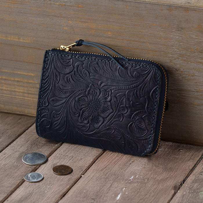 Re-ACT (リアクト) 大和藍染 L字 コンパクト スリム 財布 フラワー [RA2507-001-FL] 本藍染め 天然藍染 レザー 革財布 ブランド レディース メンズ 藍染レザー インディゴ染