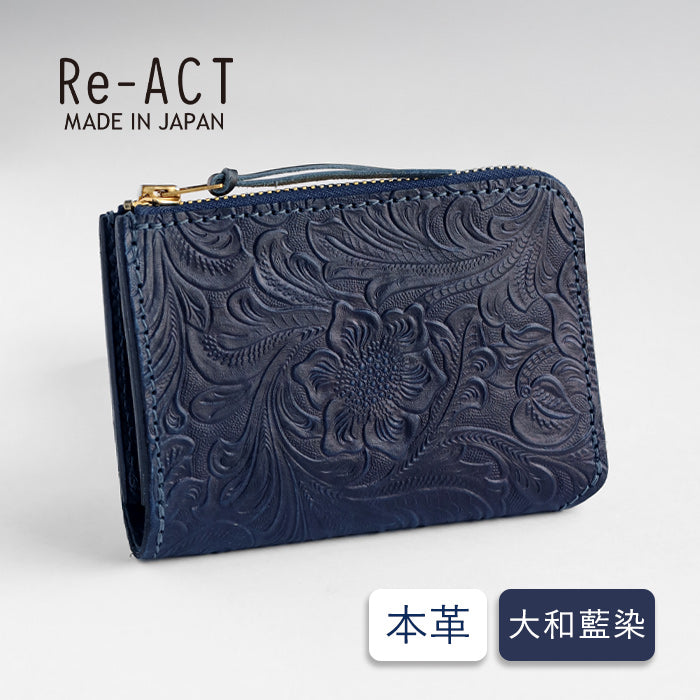 Re-ACT (リアクト) 大和藍染 L字 コンパクト スリム 財布 フラワー [RA2507-001-FL] 本藍染め 天然藍染 レザー 革財布 ブランド レディース メンズ 藍染レザー インディゴ染