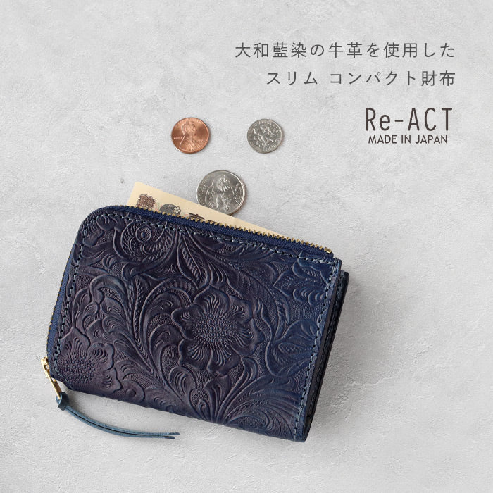 Re-ACT (リアクト) 大和藍染 L字 コンパクト スリム 財布 フラワー [RA2507-001-FL] 本藍染め 天然藍染 レザー 革財布 ブランド レディース メンズ 藍染レザー インディゴ染