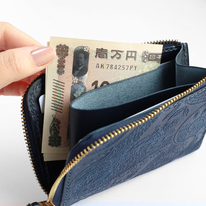 Re-ACT (リアクト) 大和藍染 L字 コンパクト スリム 財布 ペイズリー [RA2507-001-PA] 本藍染め 天然藍染 レザー 革財布 ブランド レディース メンズ 藍染レザー インディゴ染