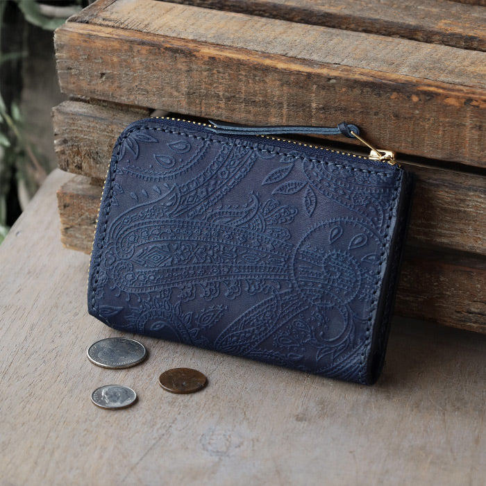 Re-ACT (リアクト) 大和藍染 L字 コンパクト スリム 財布 ペイズリー [RA2507-001-PA] 本藍染め 天然藍染 レザー 革財布 ブランド レディース メンズ 藍染レザー インディゴ染