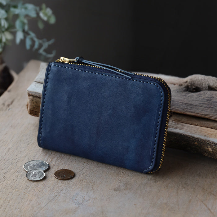 Re-ACT (リアクト) 大和藍染 L字 コンパクト スリム 財布 ソリッド 無地 [RA2507-001-SL] 本藍染め 天然藍染 レザー 革財布 ブランド レディース メンズ 藍染レザー インディゴ染