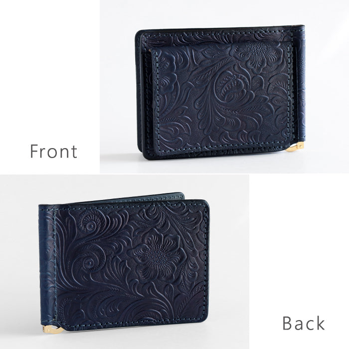 Re-ACT Money Clip Bifold Wallet (with Coin Purse) Flower Pattern [RA2507-003-FL] Authentic Indigo Dyed Leather Wallet, Natural Indigo Dye, Brand Name 