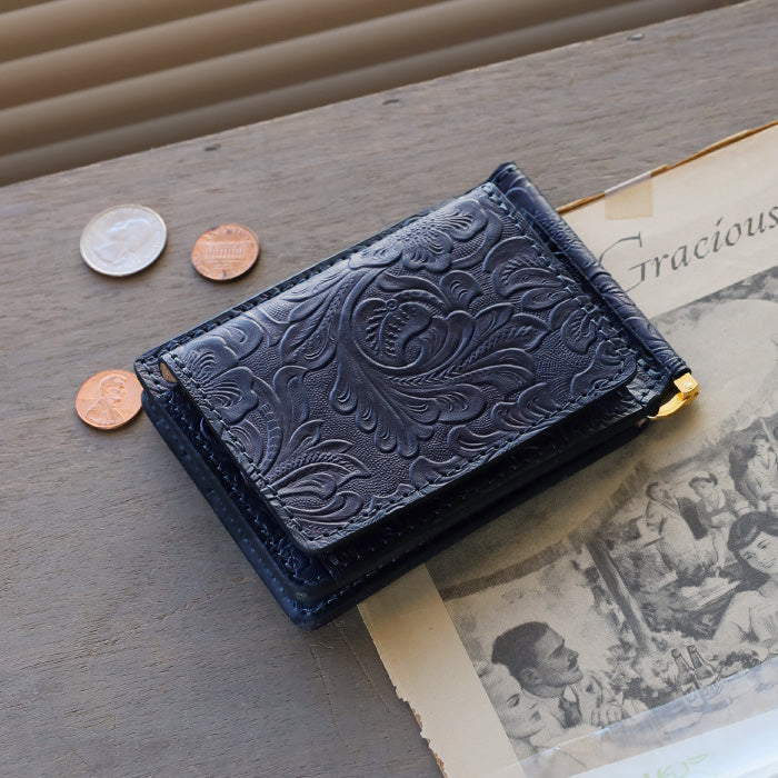 Re-ACT Money Clip Bifold Wallet (with Coin Purse) Flower Pattern [RA2507-003-FL] Authentic Indigo Dyed Leather Wallet, Natural Indigo Dye, Brand Name 