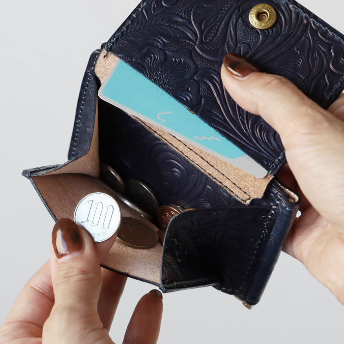 Re-ACT Money Clip Bifold Wallet (with Coin Purse) Flower Pattern [RA2507-003-FL] Authentic Indigo Dyed Leather Wallet, Natural Indigo Dye, Brand Name 