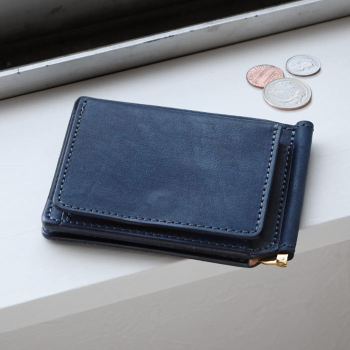 Re-ACT Money Clip Bifold Wallet (with Coin Purse) Solid Color [RA2507-003-SL] Authentic Indigo Dyed Leather Wallet, Brand Name 