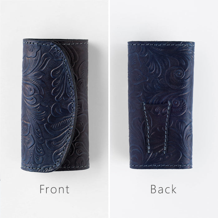 Re-ACT Yamato Indigo Dyed Key Case with Floral Pattern [RA2507-007-FL] Authentic Indigo Dyed Leather Accessory, Brand Name 