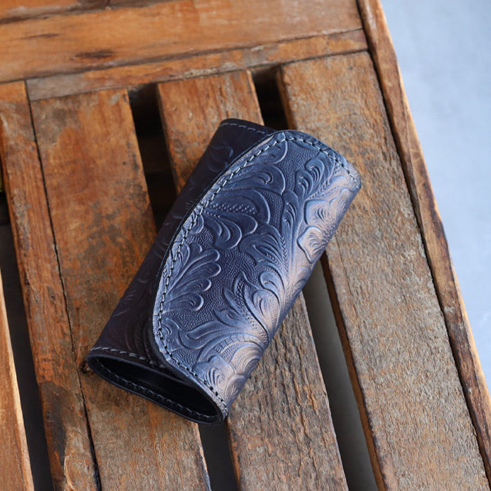 Re-ACT Yamato Indigo Dyed Key Case with Floral Pattern [RA2507-007-FL] Authentic Indigo Dyed Leather Accessory, Brand Name 
